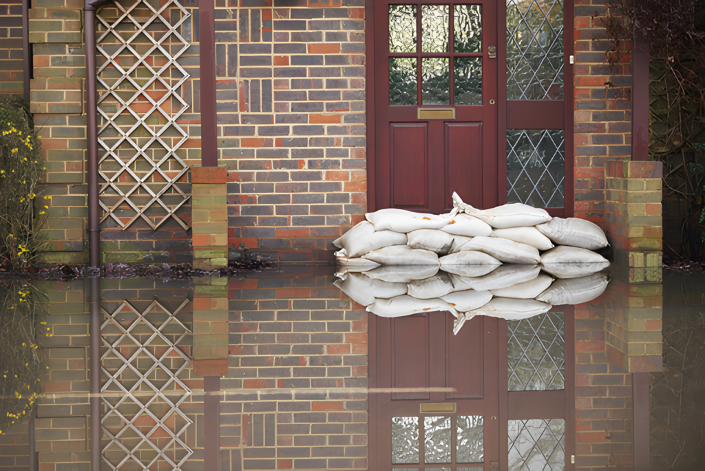 Photo of a front door with sandbags surrounded by water.
